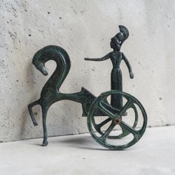 Bronze Chariot with Goddess Athena Statue - Handcrafted Geometric / Archaic Style Artwork