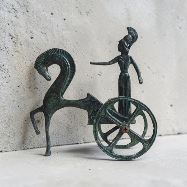 Bronze Chariot with Goddess Athena Statue - Handcrafted Geometric / Archaic Style Artwork