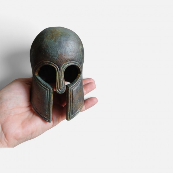 Ancient Greek Corinthian Helmet – Bronze Patina Ceramic Sculpture