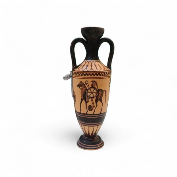 Ancient Greek Black-Figure Amphora | Warrior & Chariot Motif (18cm)