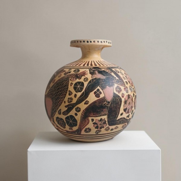 Corinthian Aryballos with Winged Figure and Rooster - Handcrafted Archaic Greek Vase