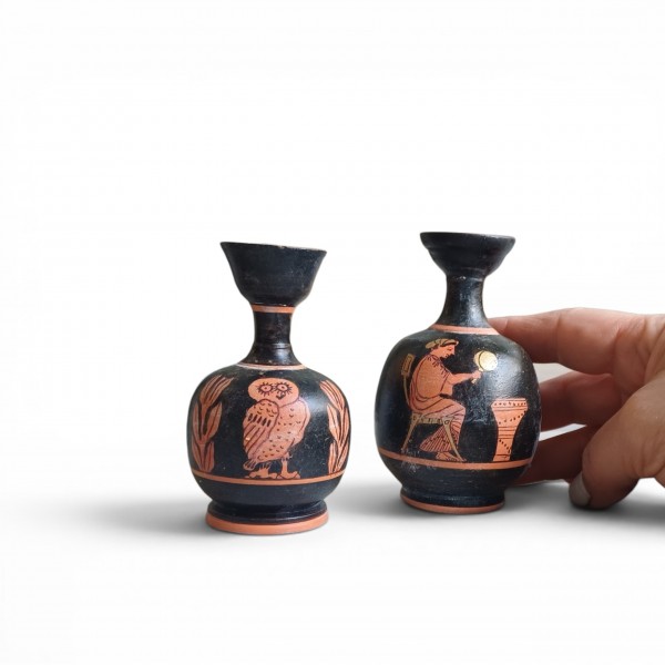 Set of Two Attic Red-Figure Lekythoi | Owl & Domestic Scene (8cm & 9cm)